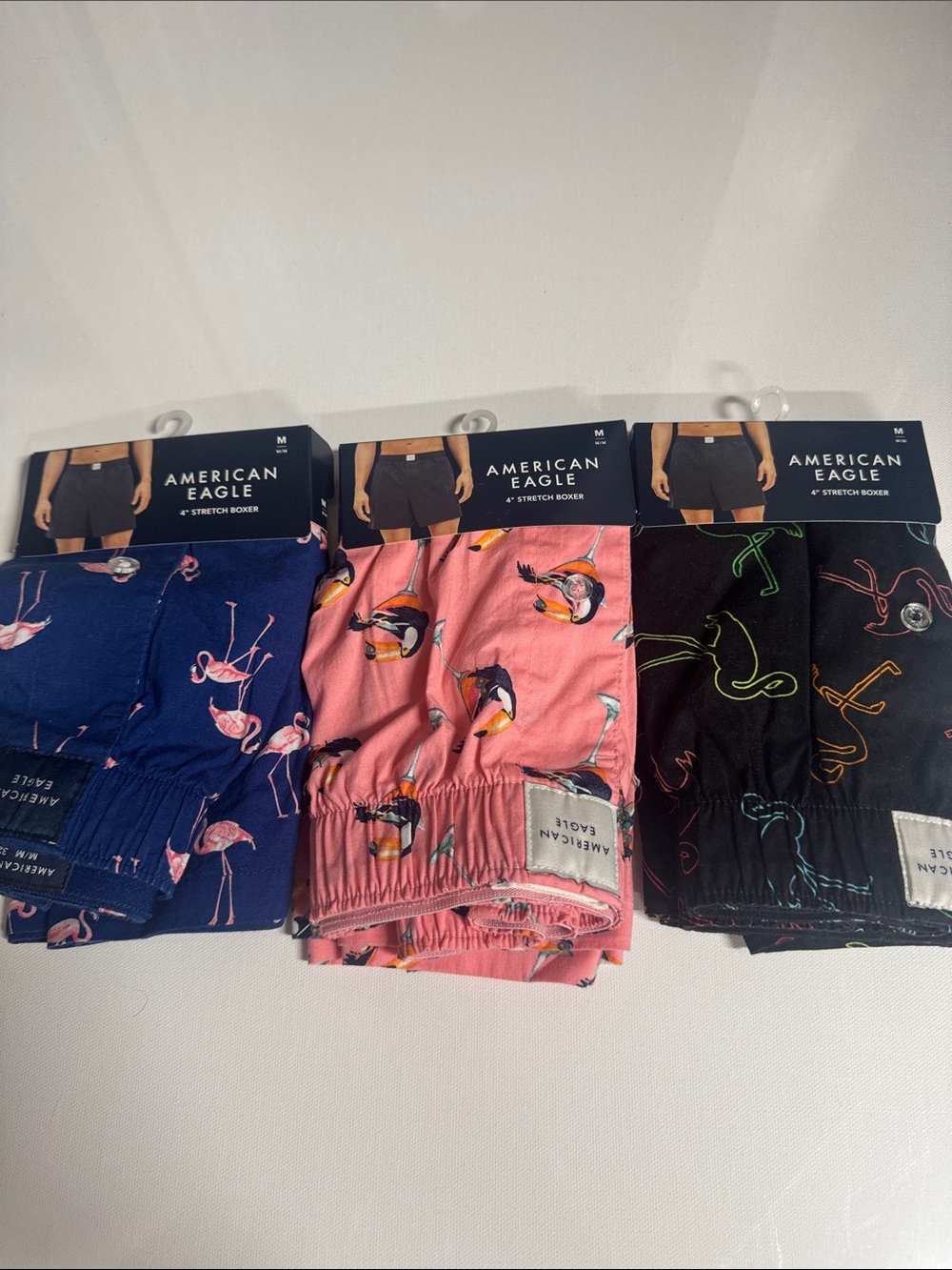 American Eagle Boxers Mens Medium 3 Pack Pink Flamingo Toucan